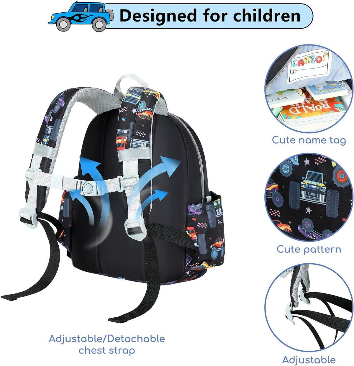 CAMTOP Toddler Backpack for Boys Girls 2-4, 12" H Kids Backpacks for Kindergarten Preschool, Small Bookbag for Daycare Travel (Black, 12''- Not fit A4 folder)