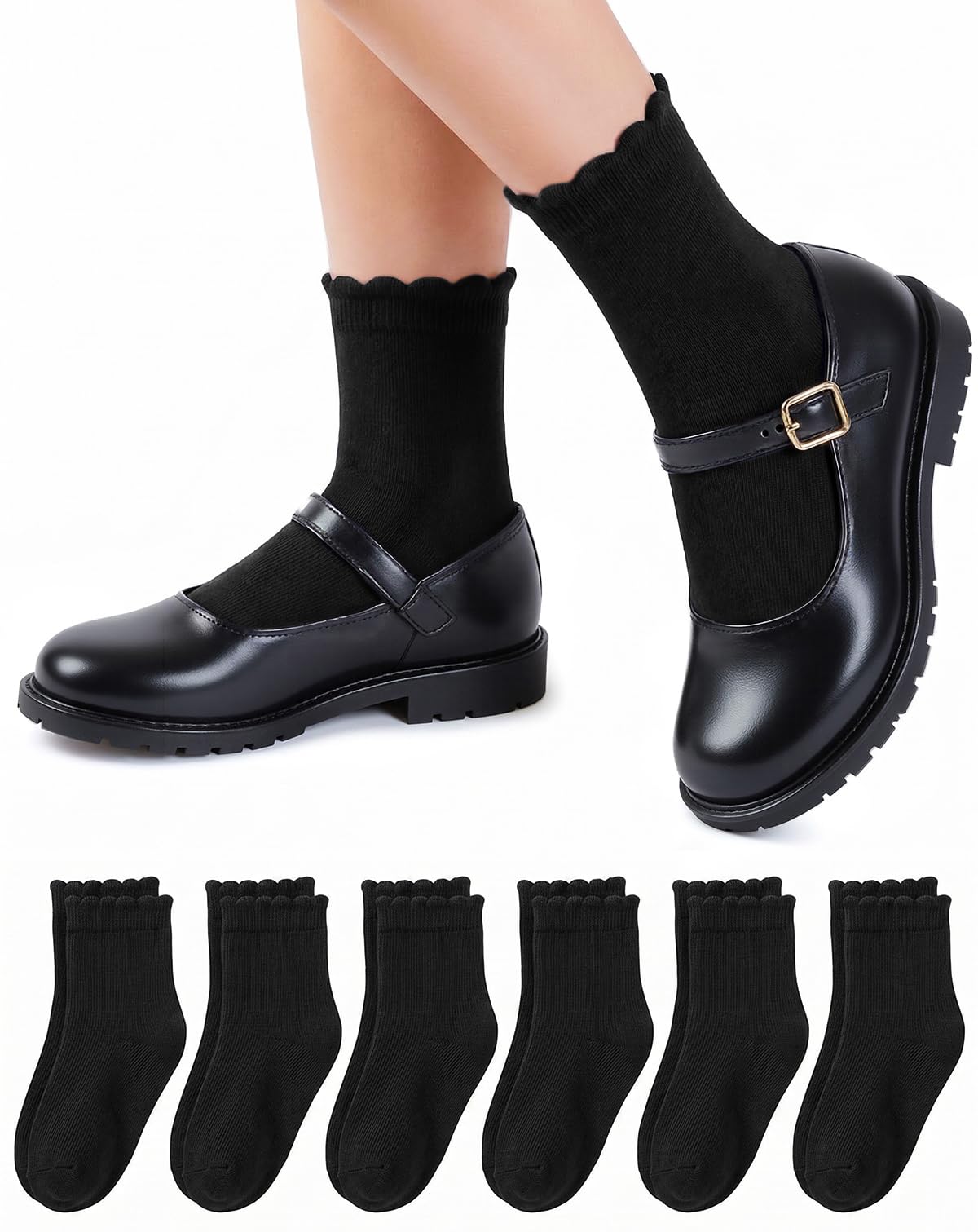 HONGTEYA 6 Pairs Cotton Girls Socks Ruffle Kids Crew Ankle School Uniform