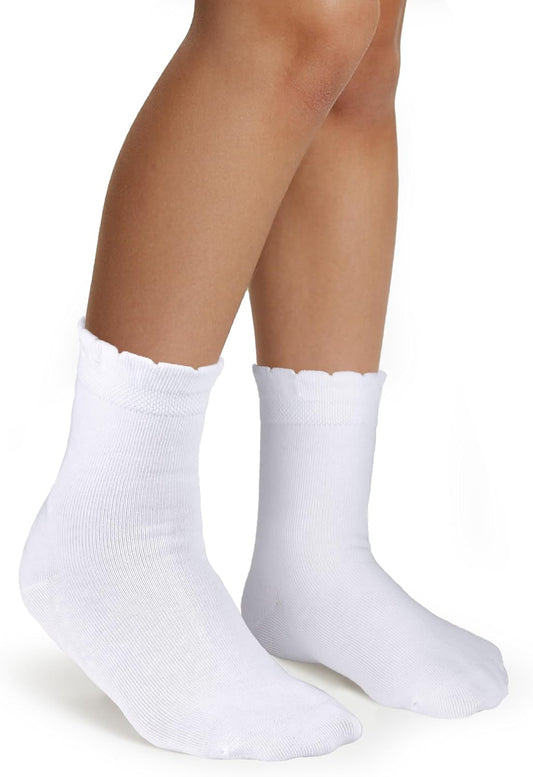 COTTON DAY Kids Girls White Dressy Textured Thin Socks Scallop Top 5 Pack