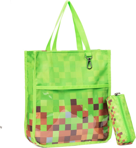 Kids Cute Tote Bags for Boys Girls Ages 4-16,Handbags with Pencil Case, Book Tote Bags with Zipper for School and Playtime (green)