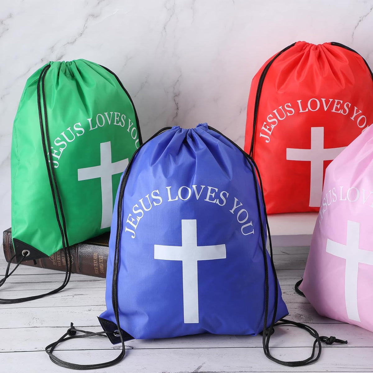 20 Pcs Large Jesus Loves You Drawstring Bags Bulk Multicolor