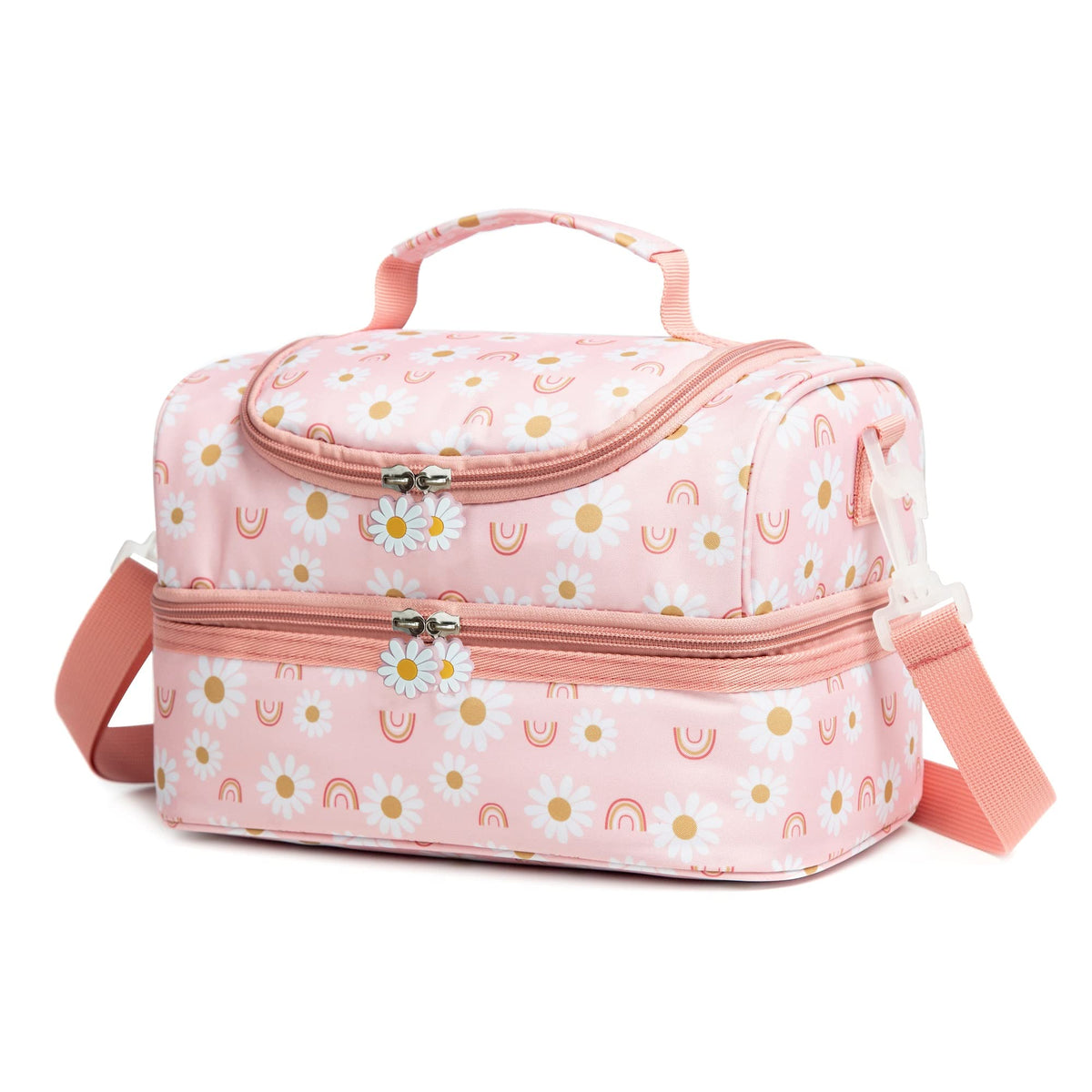Insulated Kids Dual Compartment Lunch Bags Tote for Girls Boys Toddler Lunch Boxes Pre-School Toddler Kindergarten Elementary Picnic Food Cooler Thermal with Strap (Rainbow Daisies)