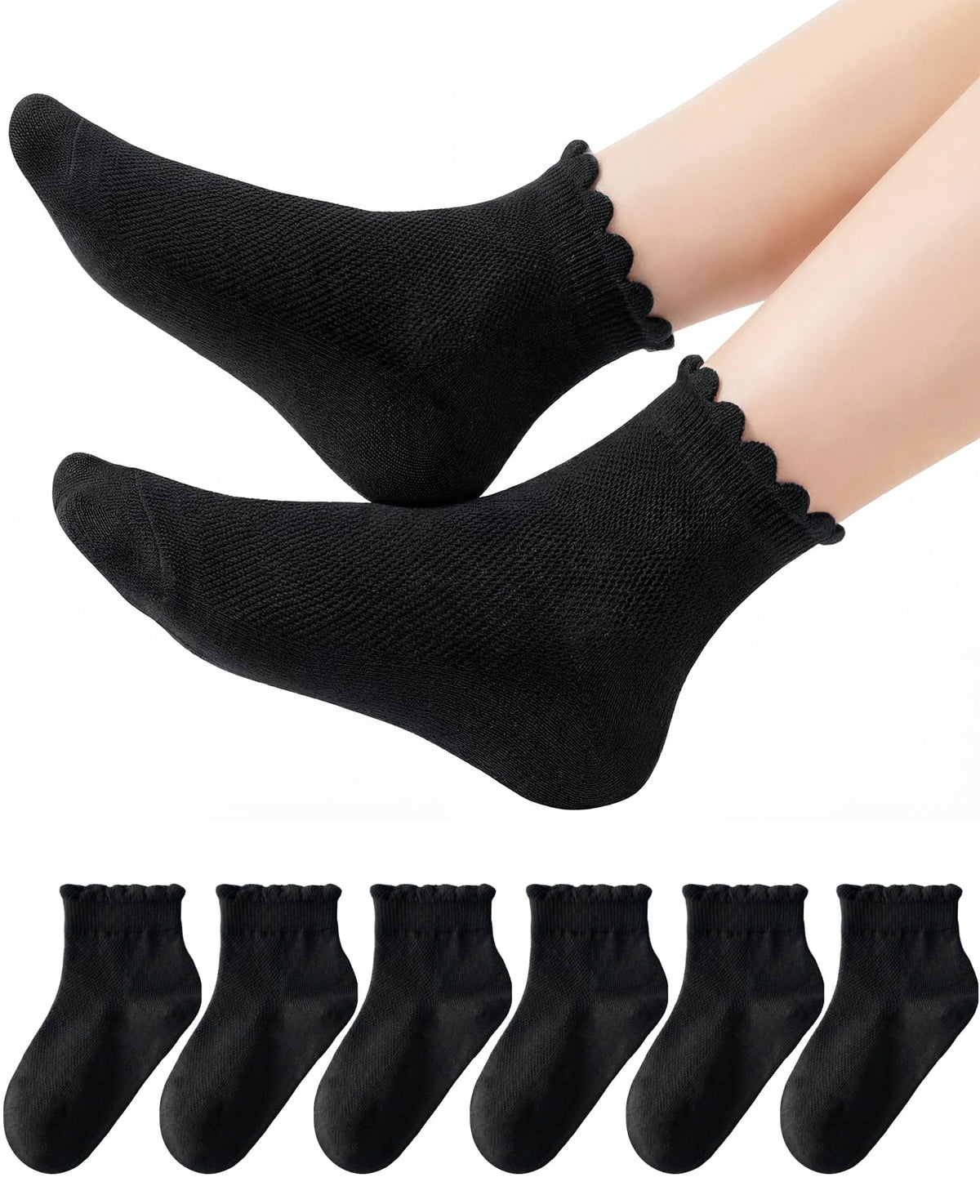 HONGTEYA 6 Pairs Girls Socks Ruffle Cotton School Uniform Kids Ankle Crew