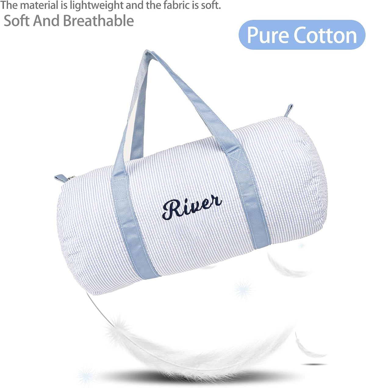 MT WORLD Personalized Duffle Bag for Kid Seersucker Cloth Overnight Duffel Bag with Name Toddler Travel Bag Custom Weekender Bag Child Small Sports Gym Ballet Dance bag Little Girls Boys (Light Blue)