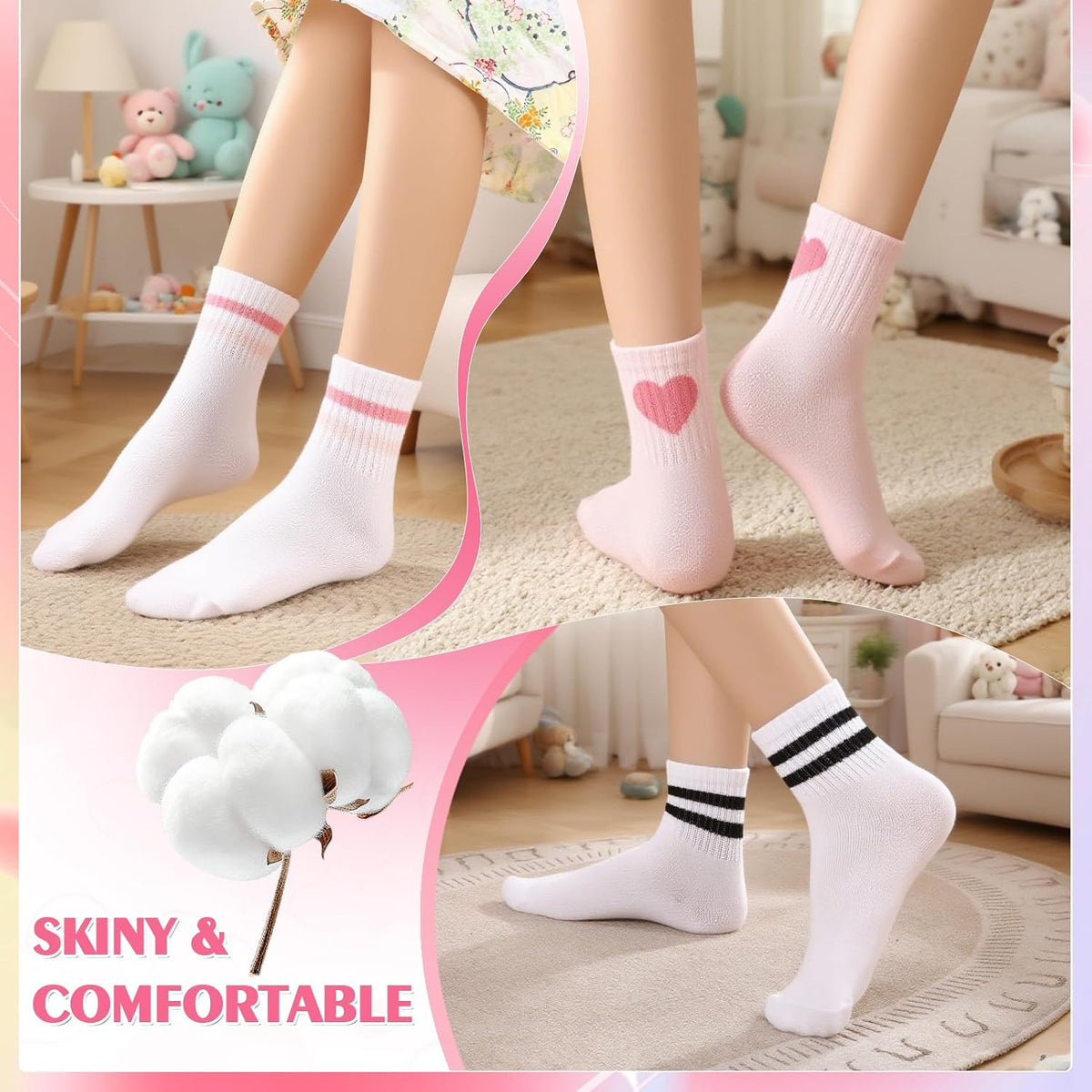 Jspupifip 6 Pairs Kids Girls Pink White Crew Athletic Socks Age 3-12 Years