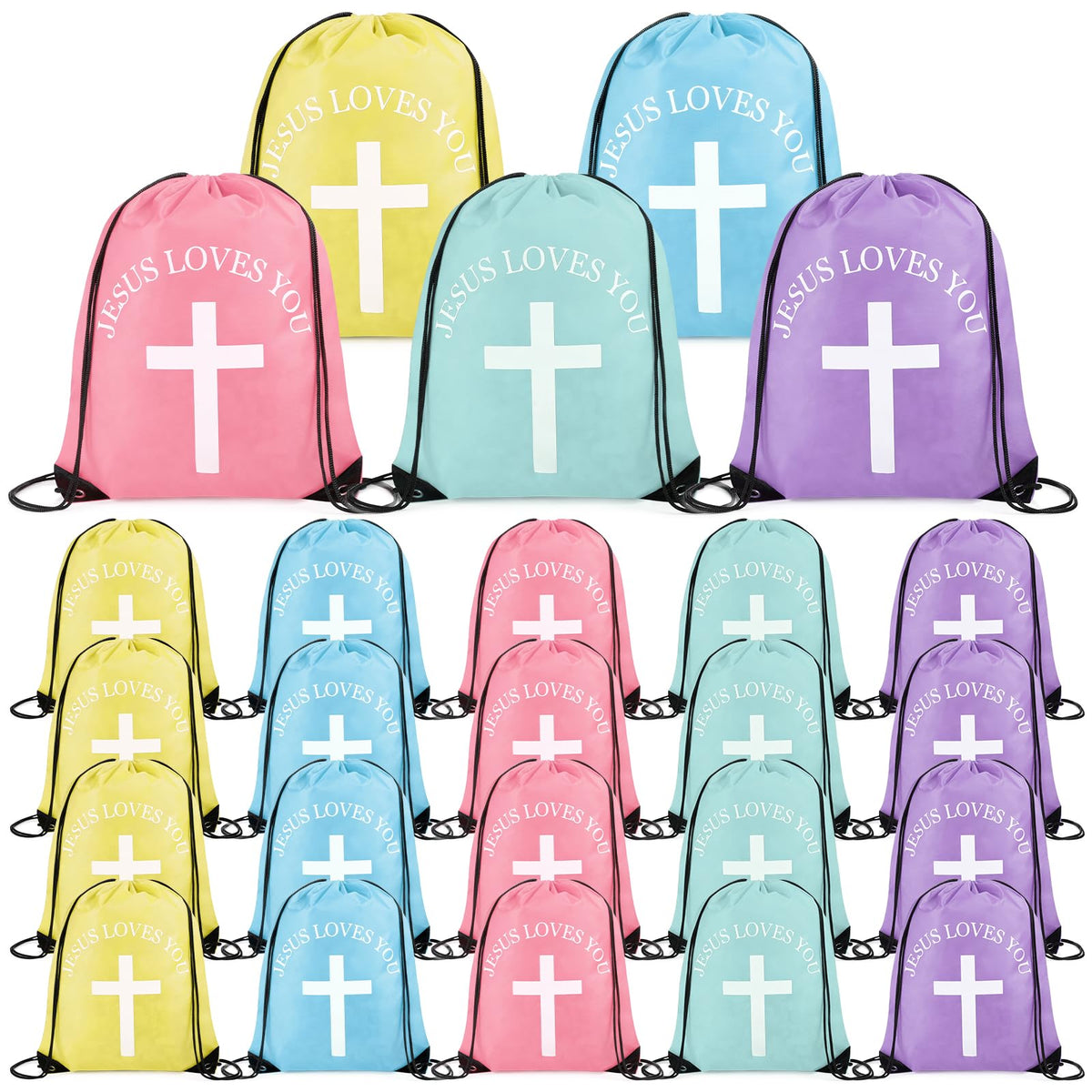 20 Pcs Large Jesus Loves You Drawstring Bags Bulk Multicolor