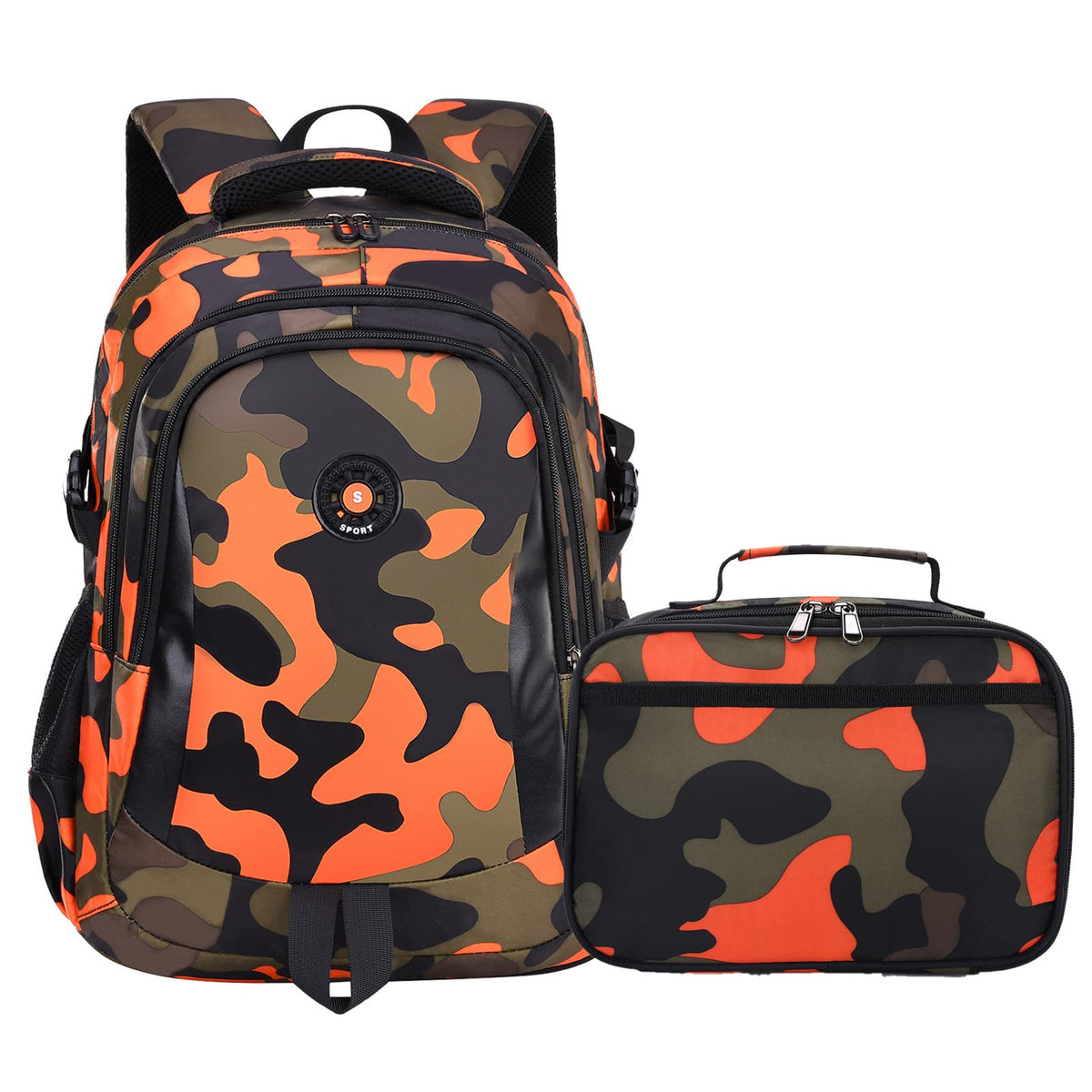 Camo Backpack Set with Lunch Bag Lightweight Waterproof School Backpack Bookbag for Boys Girls (A-Style Camo Green)
