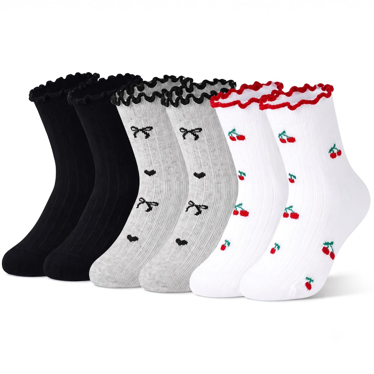 Ruffle Socks for Girls, White Cute Frilly Crew Dress Socks for Kids 6 Pairs