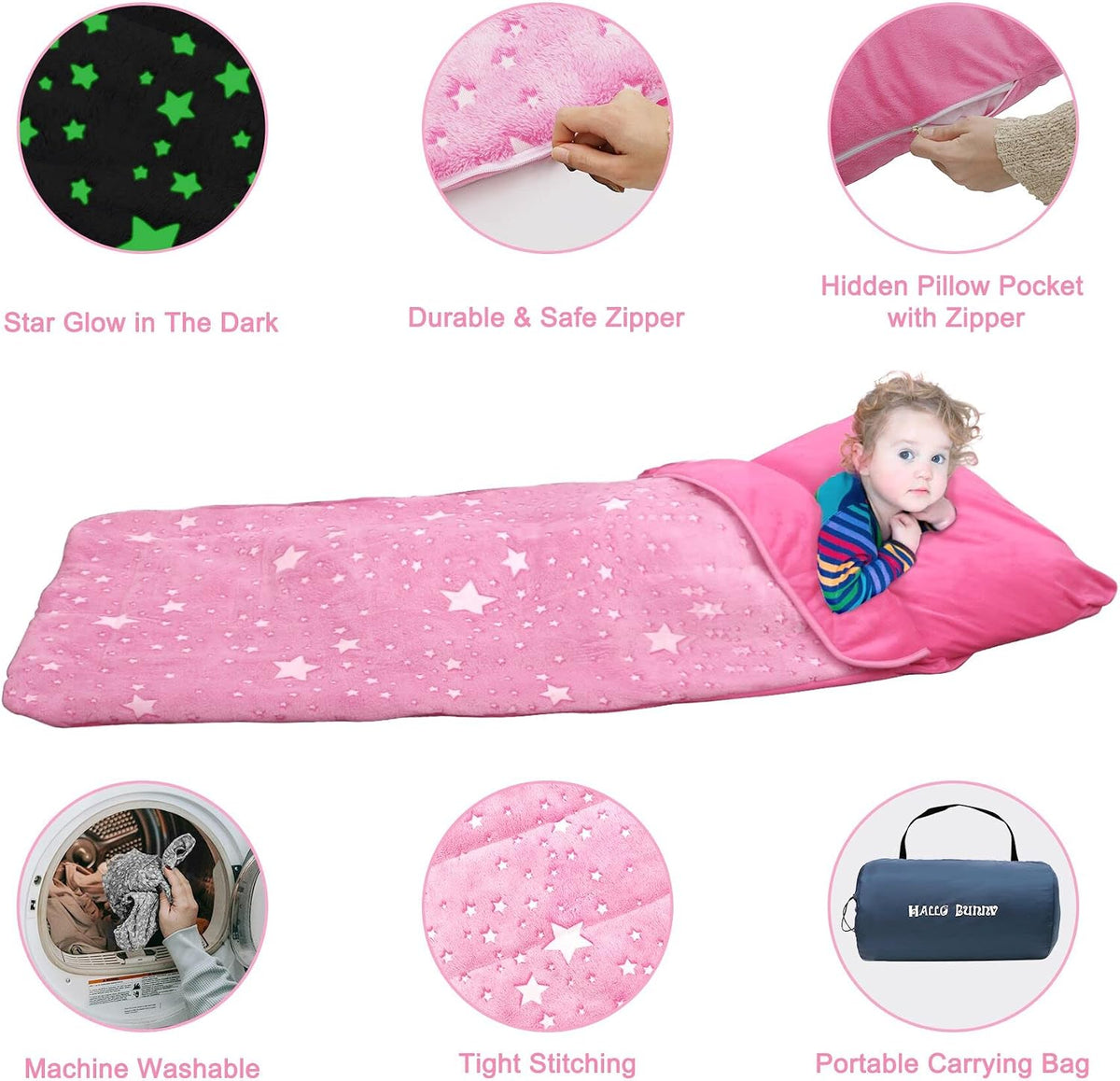 Kids Sleeping Bag for Girls & Boys, Large Kids Sleeping Bag with Pillow, Glow in The Dark Slumber Bag,Soft and Comfortable for Childern Daycare, Sleepovers Travel
