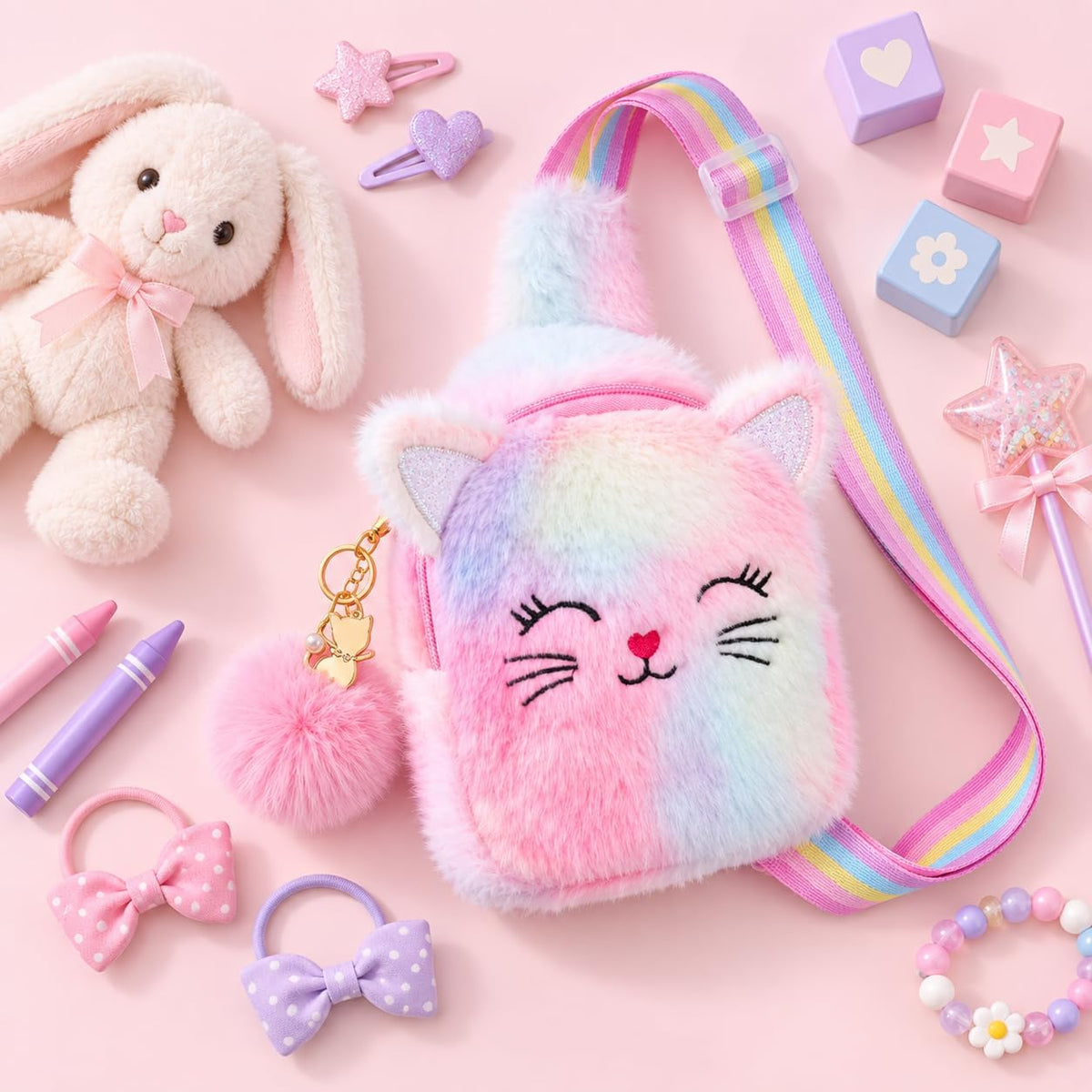 Girls Plush Cat Sling Bag, Crossbody Bag for Kids Mini Purse toddlers