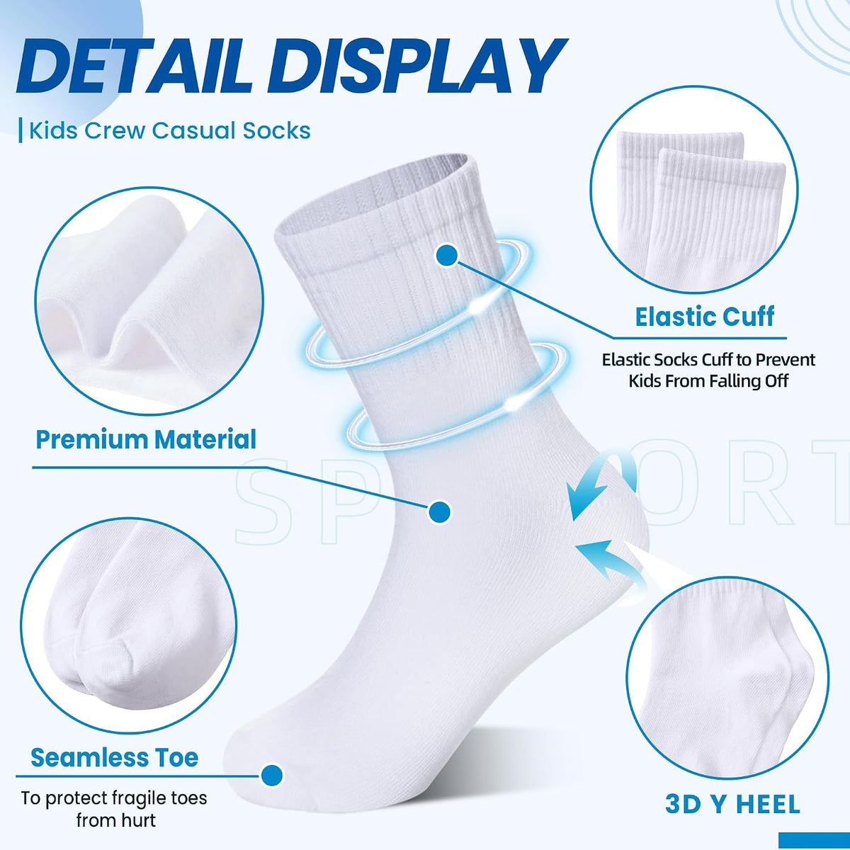 Eyean Kids Athletic Crew Socks Boys Girls Cotton School Uniform Casual Basic Socks 6 Pairs