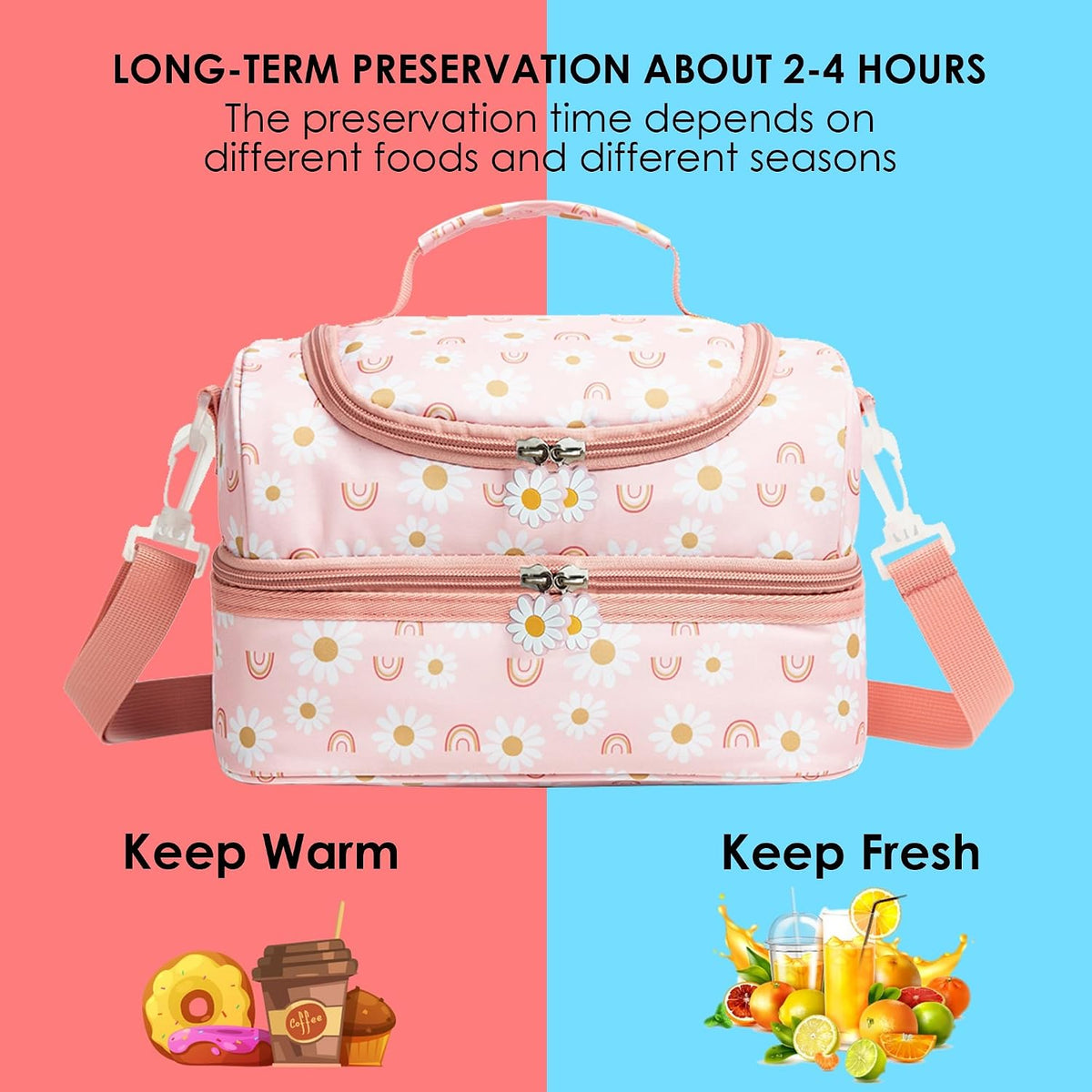 Insulated Kids Dual Compartment Lunch Bags Tote for Girls Boys Toddler Lunch Boxes Pre-School Toddler Kindergarten Elementary Picnic Food Cooler Thermal with Strap (Rainbow Daisies)