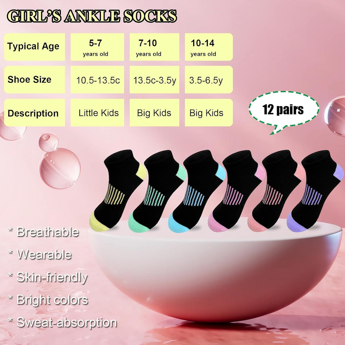 JAMEGIO 12 Pairs Girls Socks Ankle Socks for Girls Running Athletic Low Cut Sock for Little Big Girl