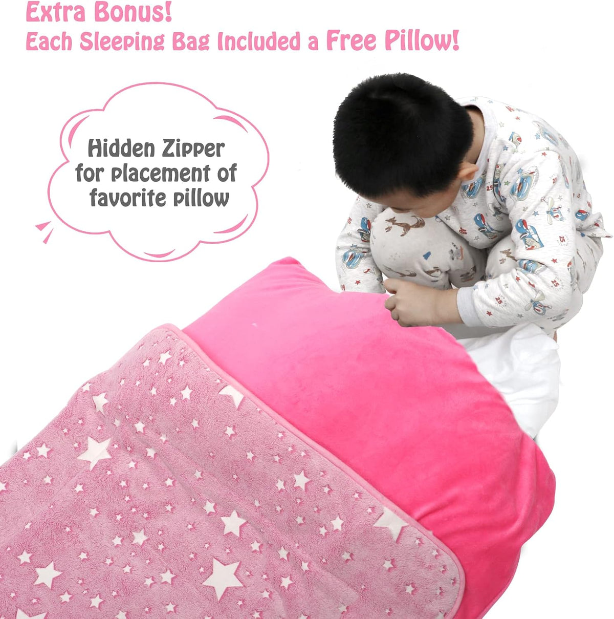 Kids Sleeping Bag for Girls & Boys, Large Kids Sleeping Bag with Pillow, Glow in The Dark Slumber Bag,Soft and Comfortable for Childern Daycare, Sleepovers Travel
