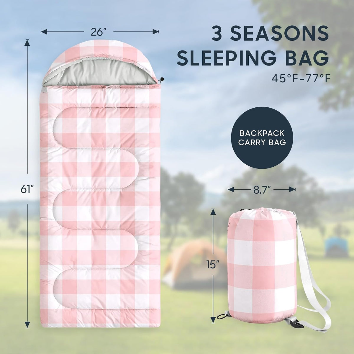 Wake In Cloud - Kids Sleeping Bag for Boys Girls Toddlers, Camping in Warm Cold Weather, Backpacking Lightweight Compact Outdoor Liner for 3 Seasons, Gingham Plaid