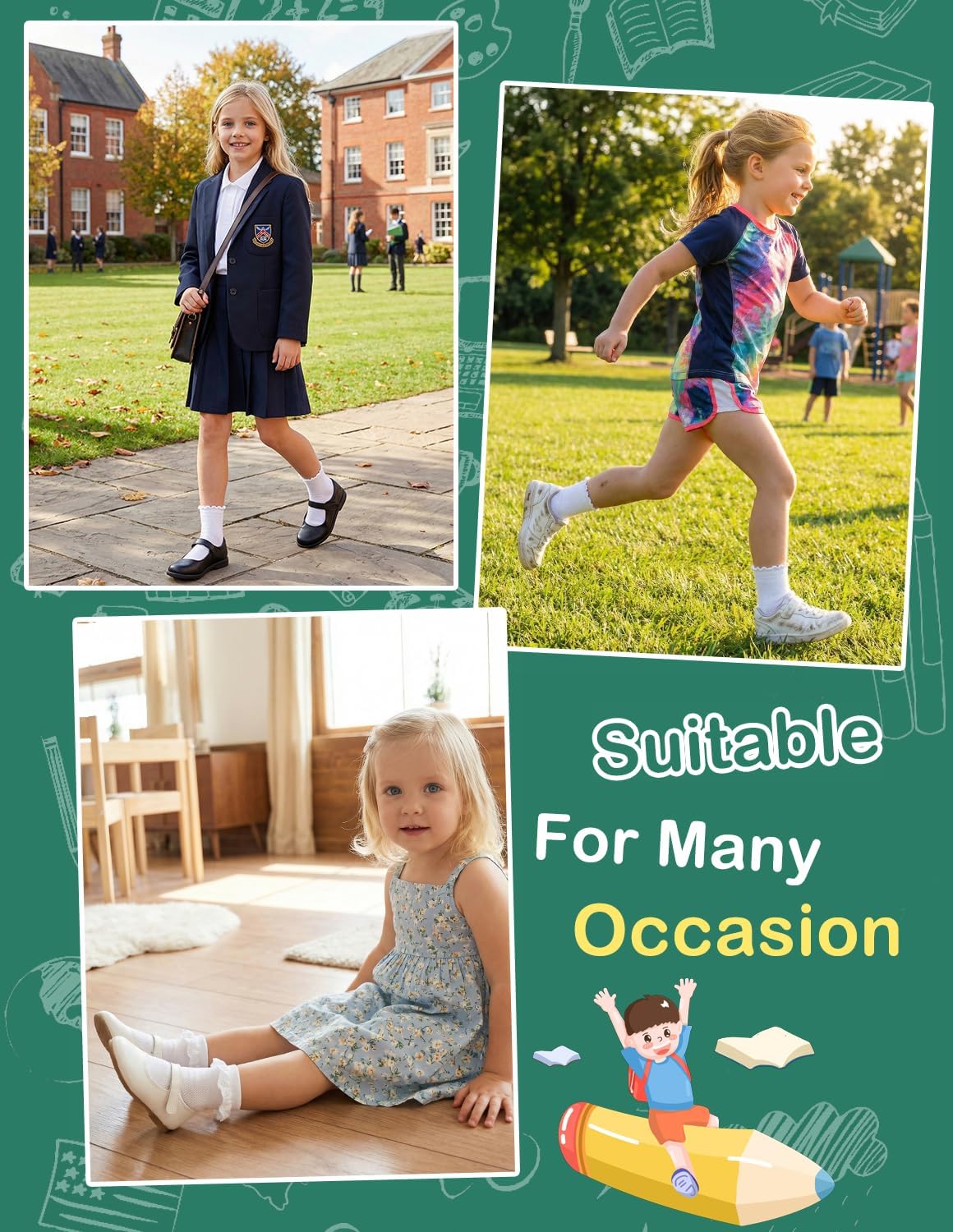 HONGTEYA 6 Pairs Girls Socks Ruffle Cotton School Uniform Kids Ankle Crew