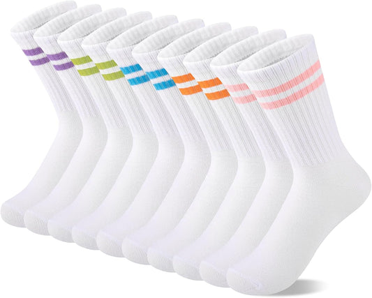 Comfoex 10 Pairs Girls Crew Cotton Socks Athletic Calf Striped Soft Casual Socks For Kids 4-6 6-8 8-10 Years Old