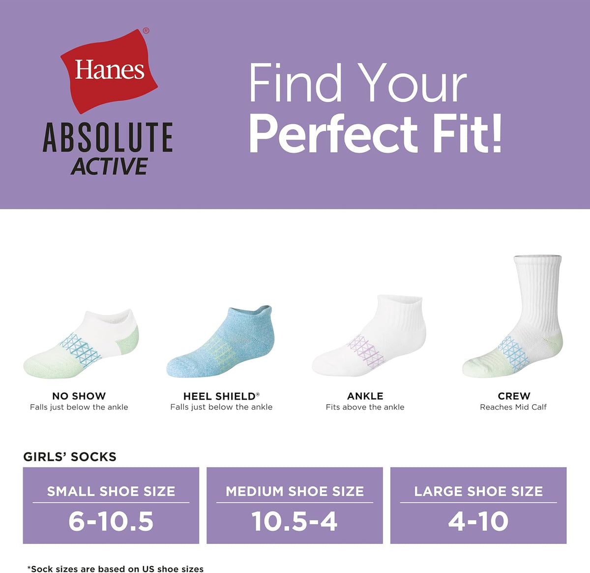 Hanes girls Socks Pack, Ankle, Crew, No Show 6 Pairs, Absolute Active Cushioned Ankle Socks for Girls