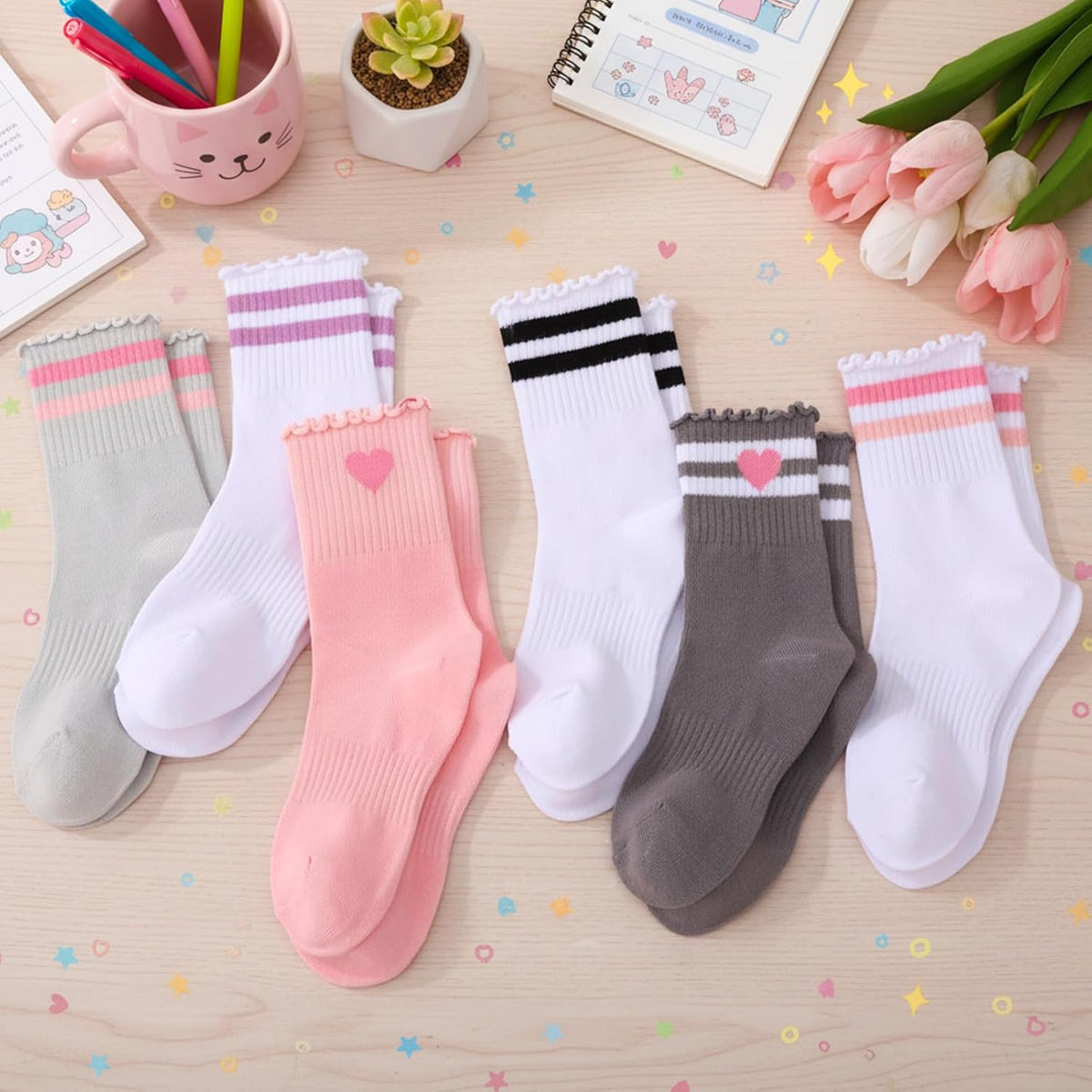 Kids Girls Crew Socks Cotton Athletic Socks with Stripe Hearts