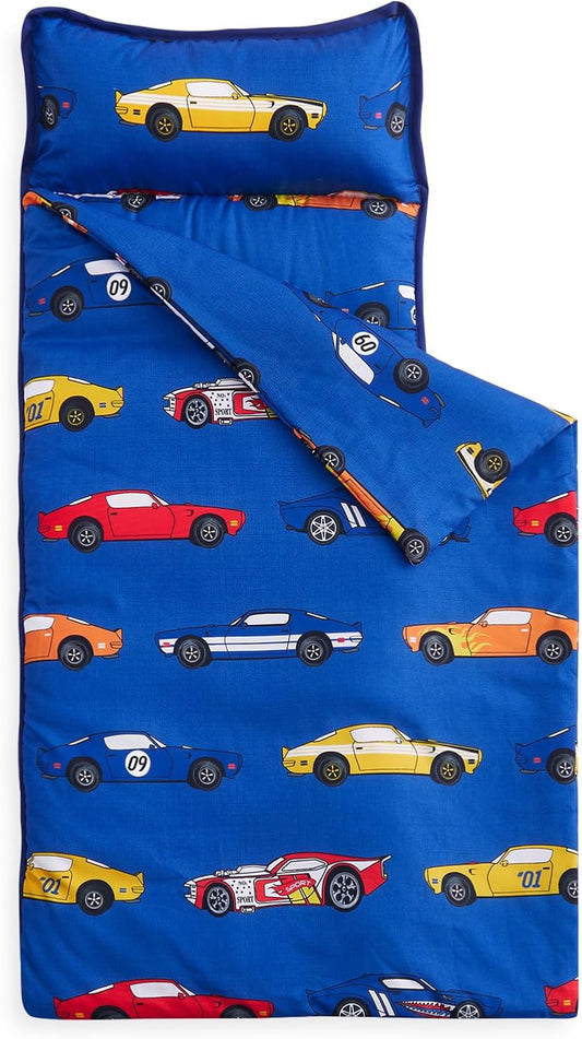 Wake In Cloud - Toddler Nap Mat with Pillow and Blanket, for Kids Boys Ages 3 Plus in Kindergarten Daycare Preschool, Roll Up Sleeping Bag, Race Cars Vehicles