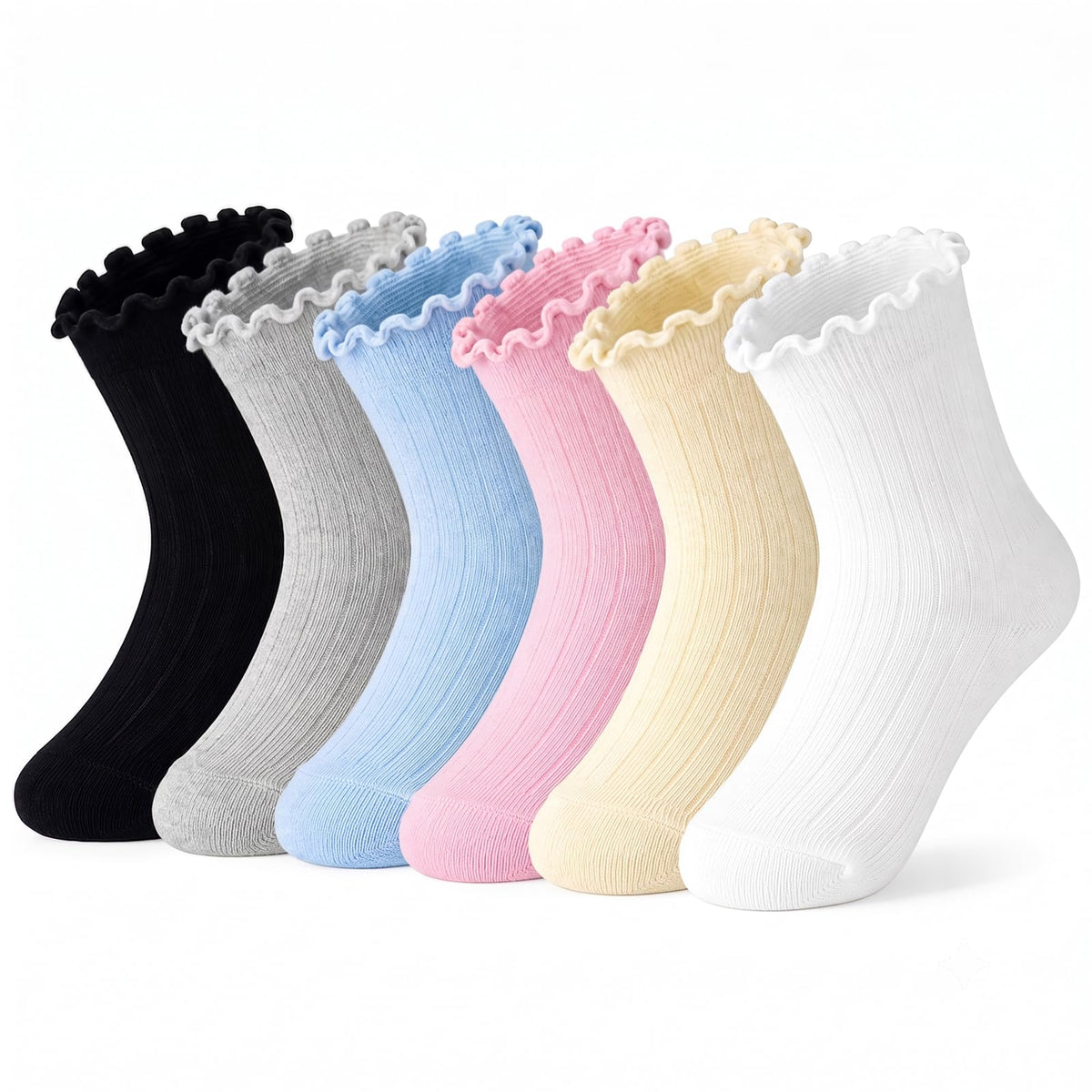 Ruffle Socks for Girls, White Cute Frilly Crew Dress Socks for Kids 6 Pairs