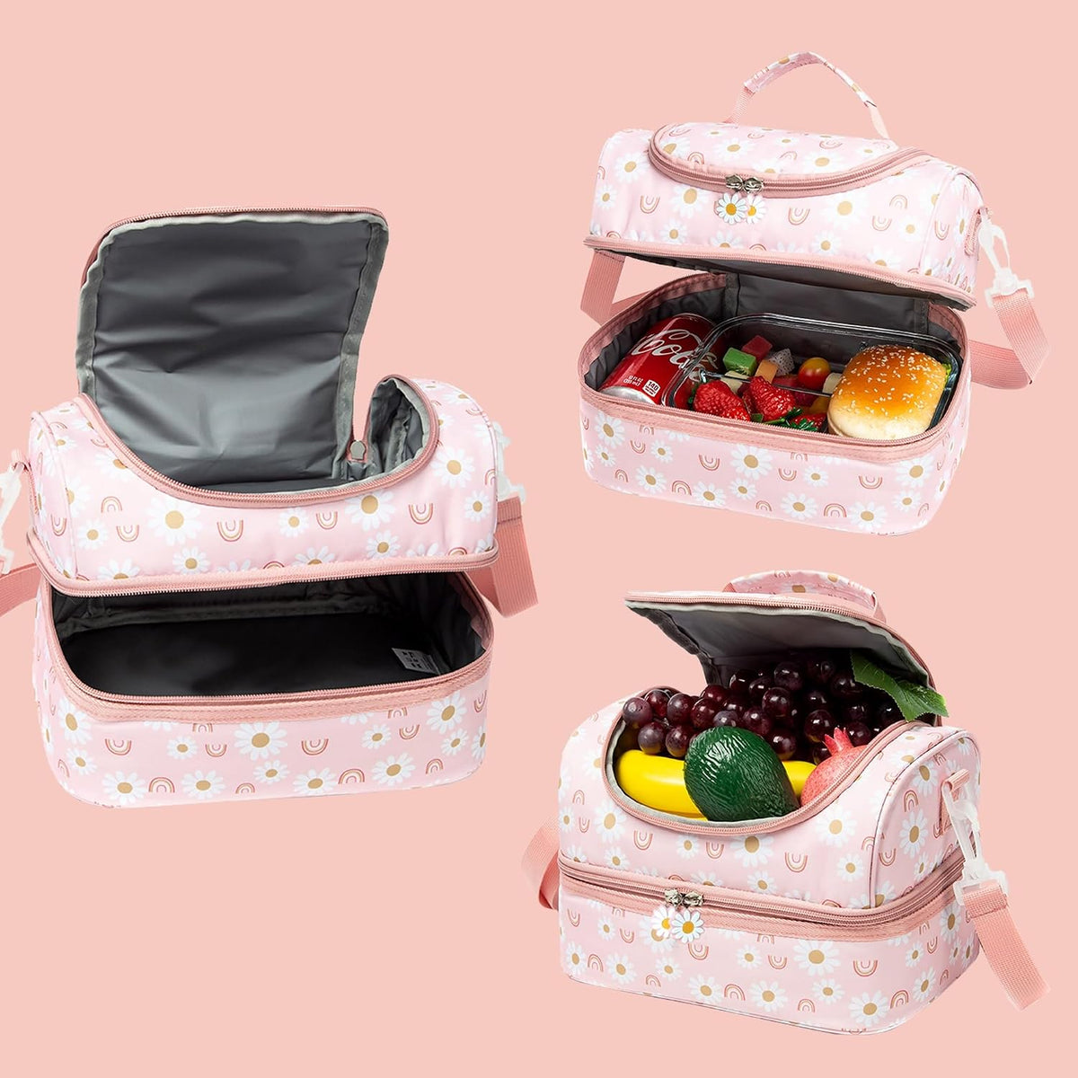 Insulated Kids Dual Compartment Lunch Bags Tote for Girls Boys Toddler Lunch Boxes Pre-School Toddler Kindergarten Elementary Picnic Food Cooler Thermal with Strap (Rainbow Daisies)