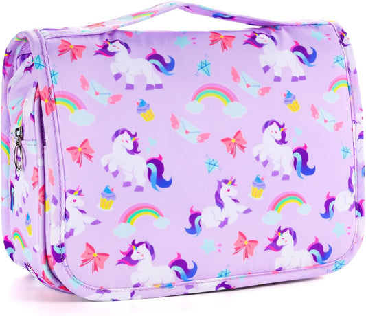 Kids Hanging Toiletry Bag for Girls, Travel Toiletry Bag for Little Young Girls Cosmetic Makeup Waterproof Wash Bag Toddler Traveling Toiletries, Unicorn Purple