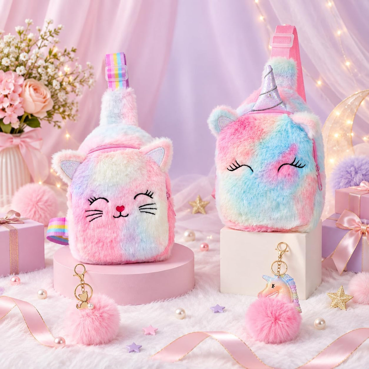 Girls Plush Cat Sling Bag, Crossbody Bag for Kids Mini Purse toddlers