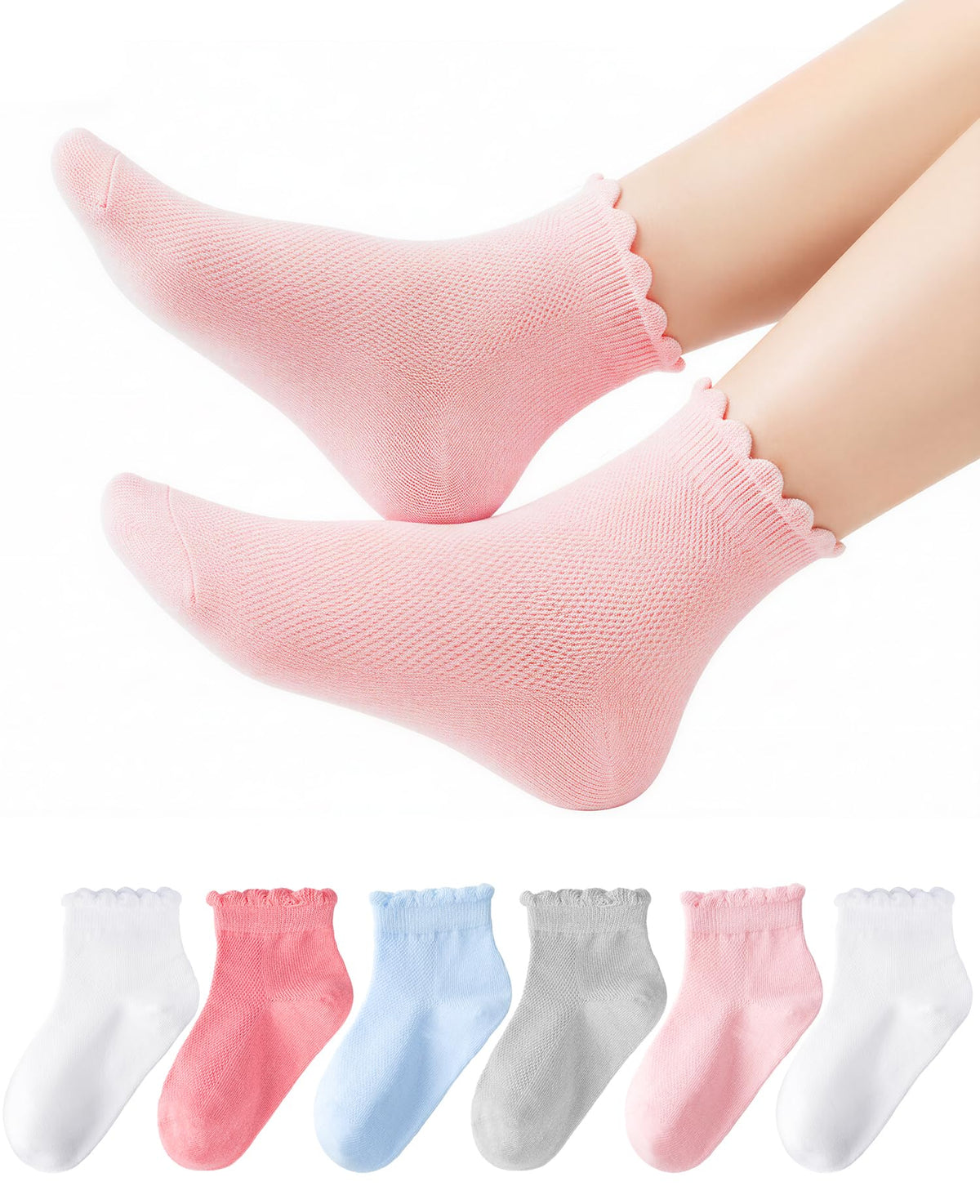 HONGTEYA 6 Pairs Girls Socks Ruffle Cotton School Uniform Kids Ankle Crew
