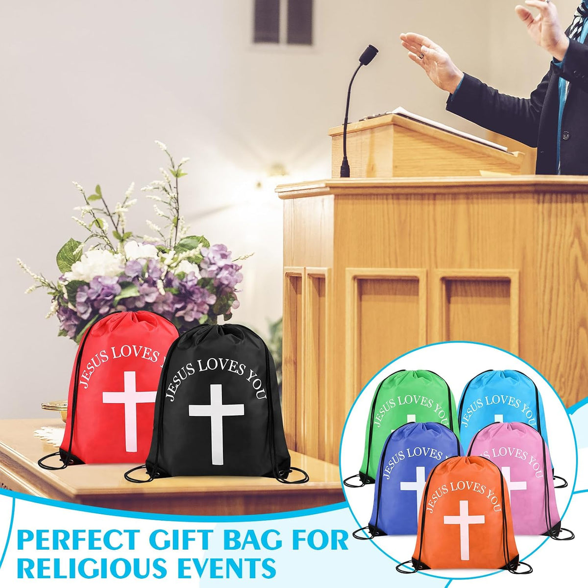 20 Pcs Large Jesus Loves You Drawstring Bags Bulk Multicolor