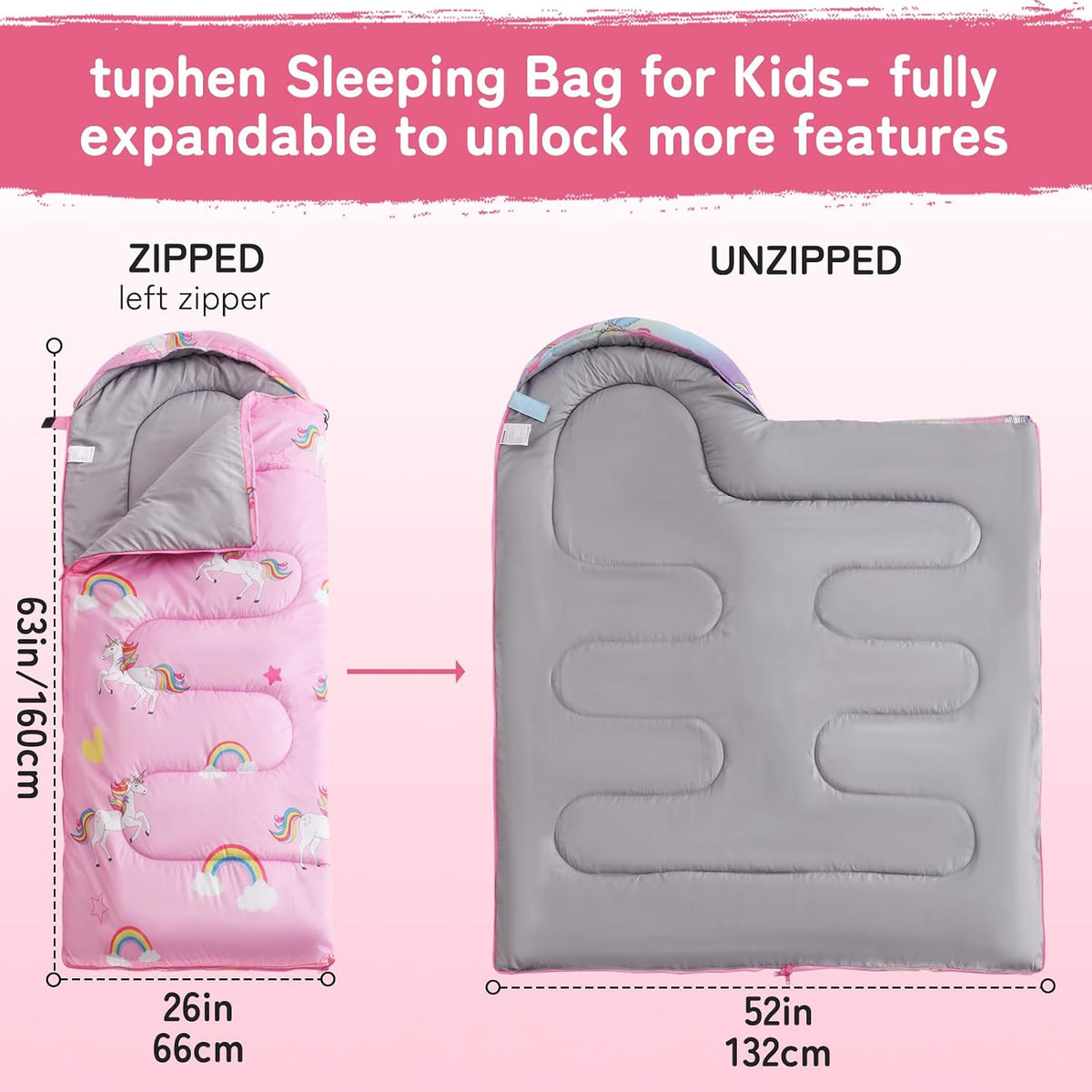tuphen Kids Sleeping Bag - 50-77℉ 3-Season Waterproof Sleeping Bag for Boys & Girls, Lightweight 2.2 lbs Camping Gear with Compression Bag Ideal for Camping, Hiking, Indoor