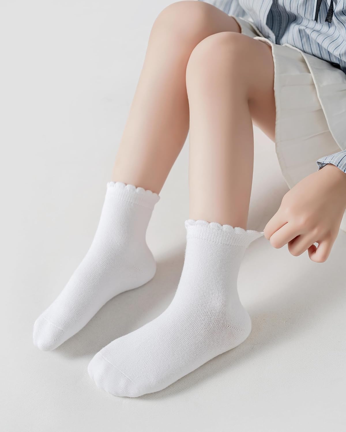 Funjoon Girls Ruffle White School Uniform Socks Crew Scallop Dress Kid Sock