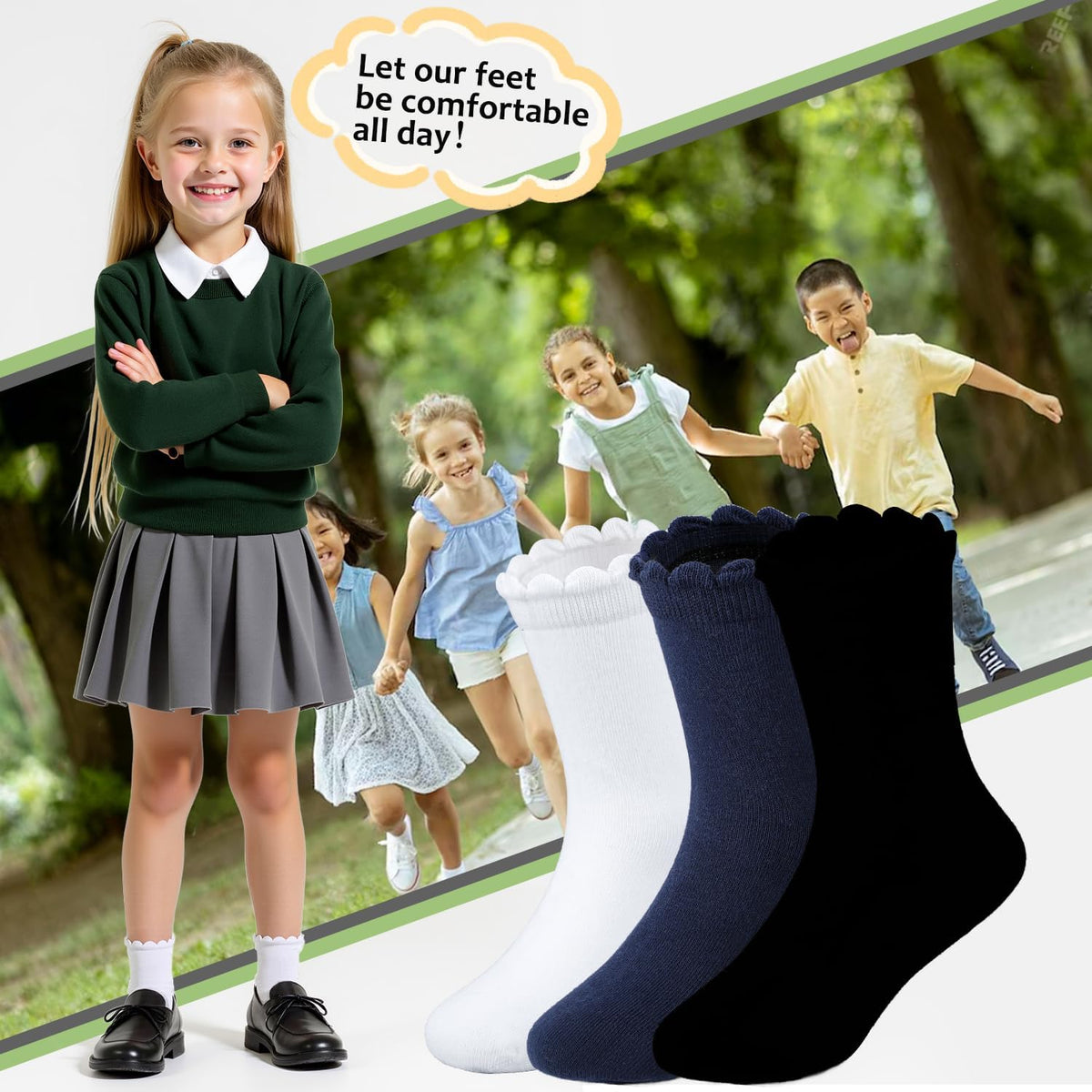 HONGTEYA 6 Pairs Cotton Girls Socks Ruffle Kids Crew Ankle School Uniform