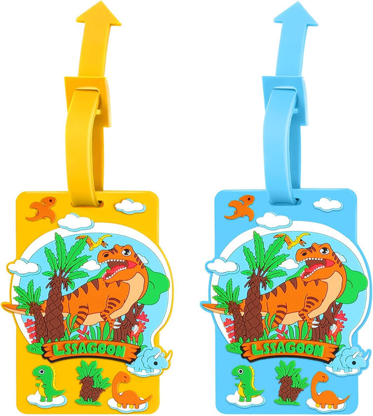 Dinosaur Silicone Kids Luggage Tag for Boys,Girls,Women.2 Pack Cute Name Tags for Backpack,Suitcases,Lunch Boxes,Bookbag,Duffel Bags.Travel&School Essentials.
