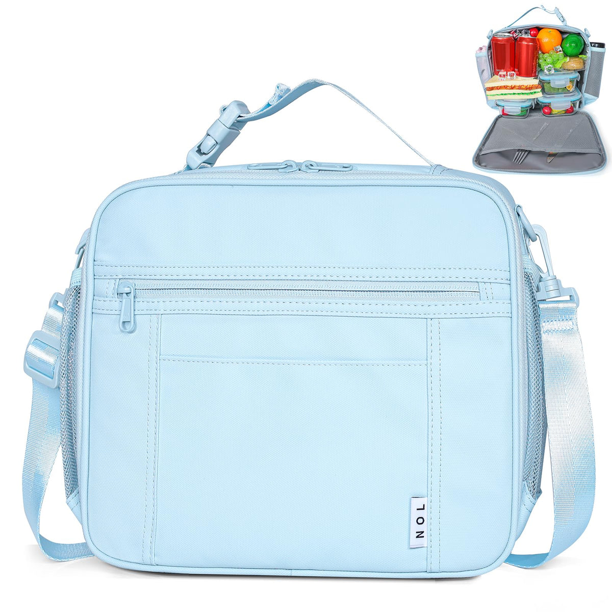 NOL Lunch Bag for Children Adult Insulated Lunch box Waterproof Cooler Reusable Zip Closure with Buckle Handle Holds for Snacks & Water Bottle School Work, Light blue