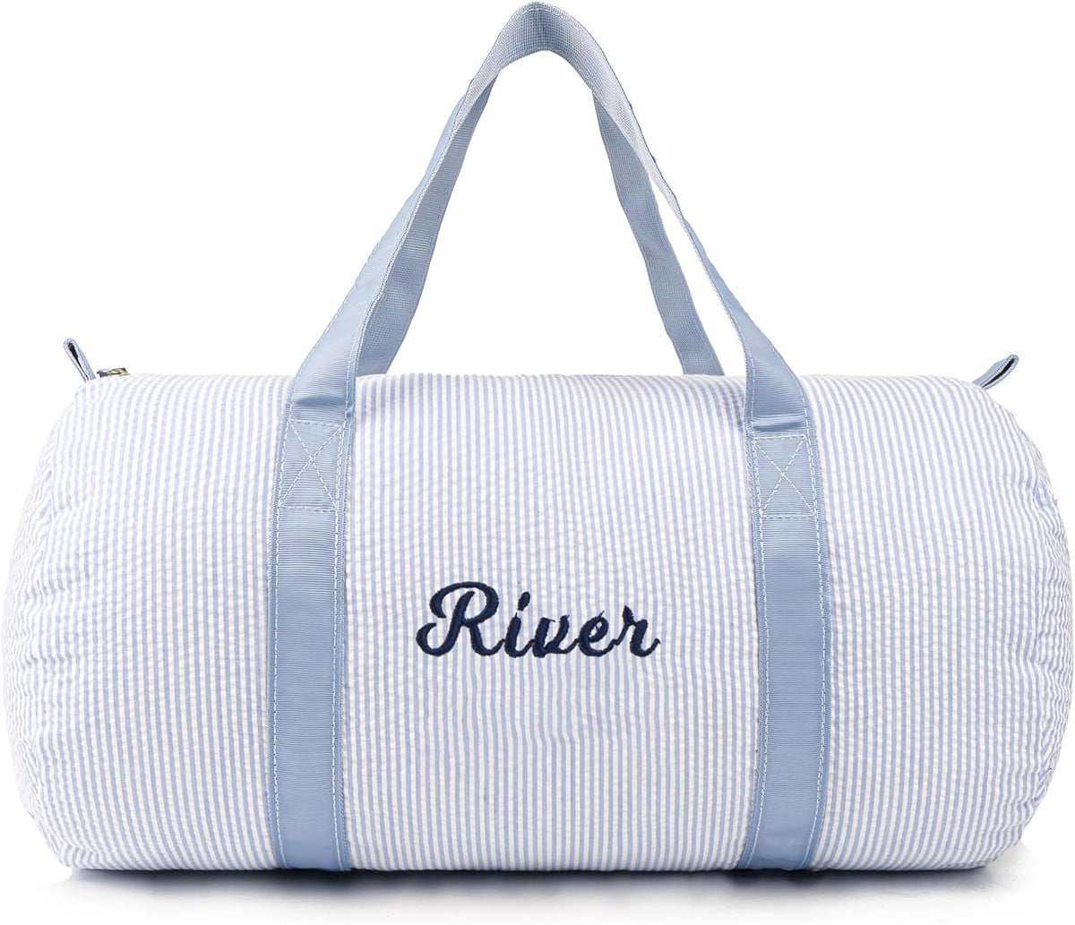 MT WORLD Personalized Duffle Bag for Kid Seersucker Cloth Overnight Duffel Bag with Name Toddler Travel Bag Custom Weekender Bag Child Small Sports Gym Ballet Dance bag Little Girls Boys (Light Blue)