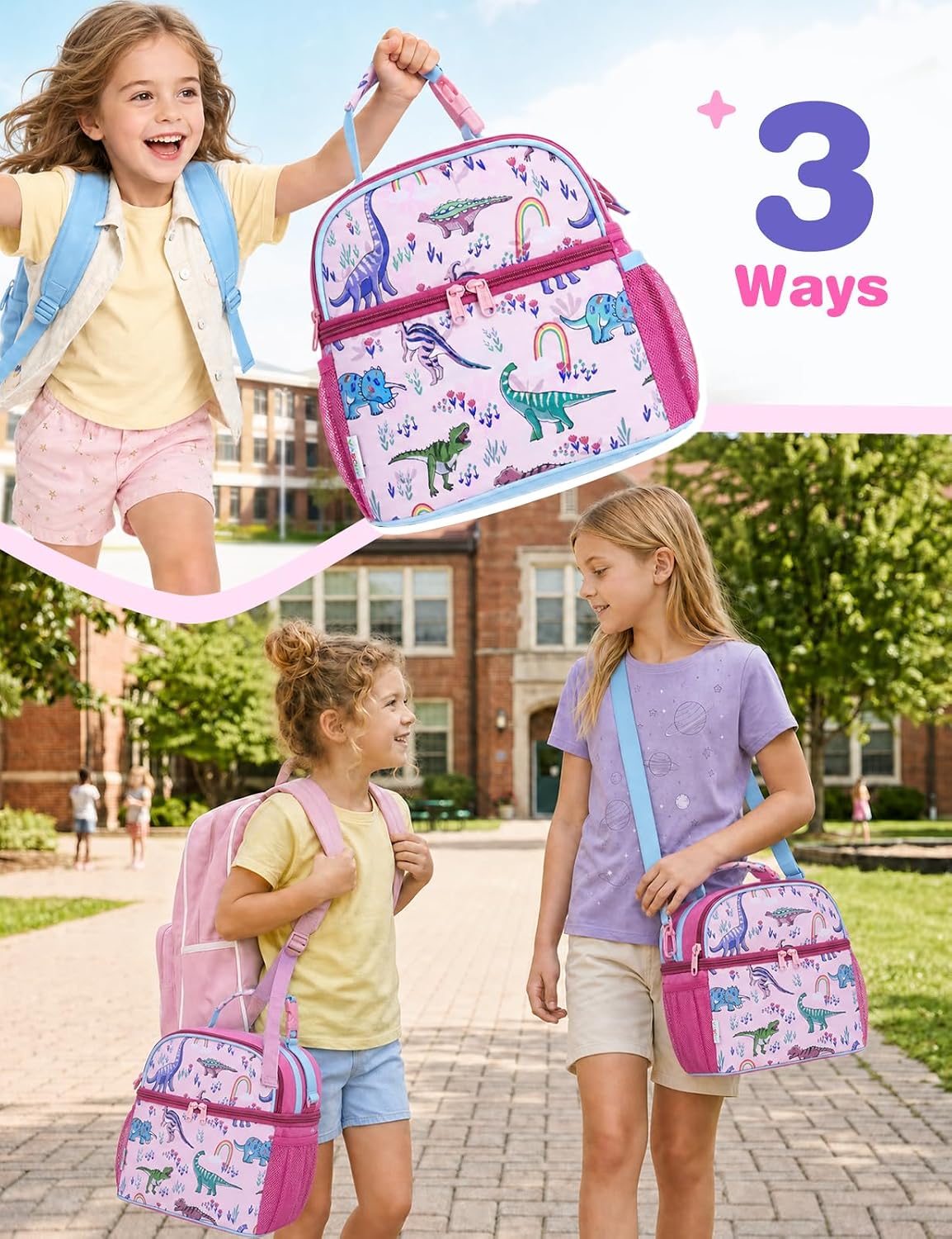 VASCHY Lunch Box Bag for Kids, Insulated Lightweight Lunch Box Tote for Toddler Girls School Daycare Kindergarten Pink Dino Print