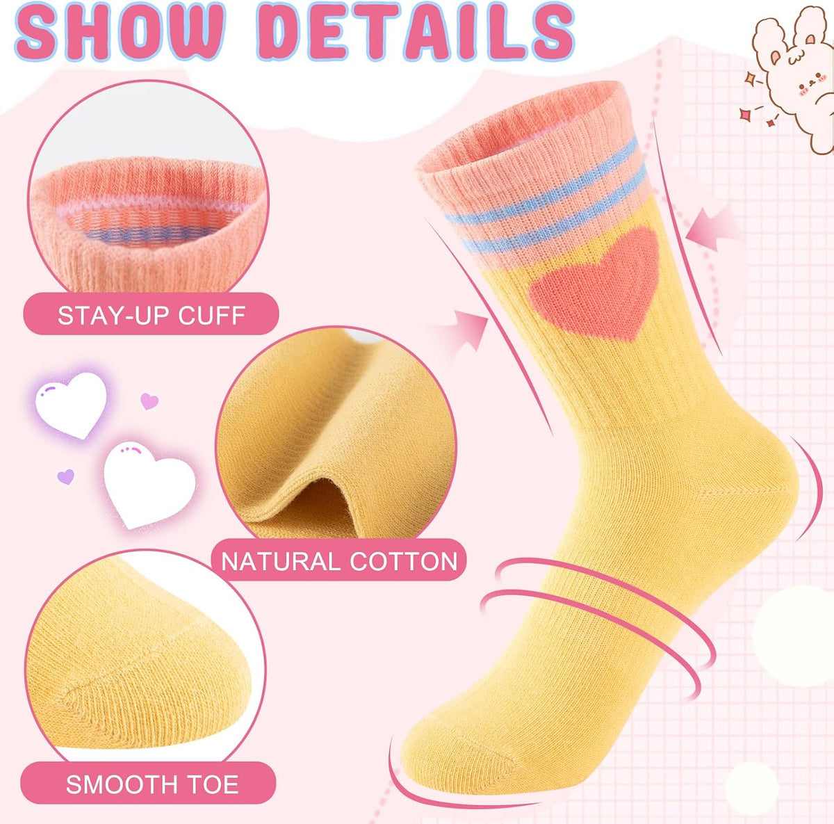 Comfoex Girls Socks Crew Cotton Casual Soft Athletic Socks For Kids 4-6 6-8 8-10 Years Old 6 Pairs