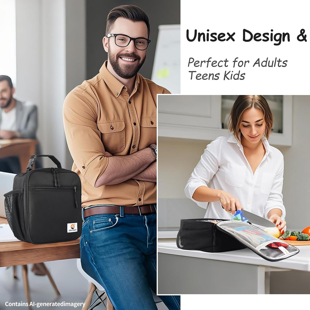 CaCTOUR Lunch Box for Men Women Adult,Premium Insulated Lunch Bag,Portable Small LunchBox for School Work Picnic (Black)