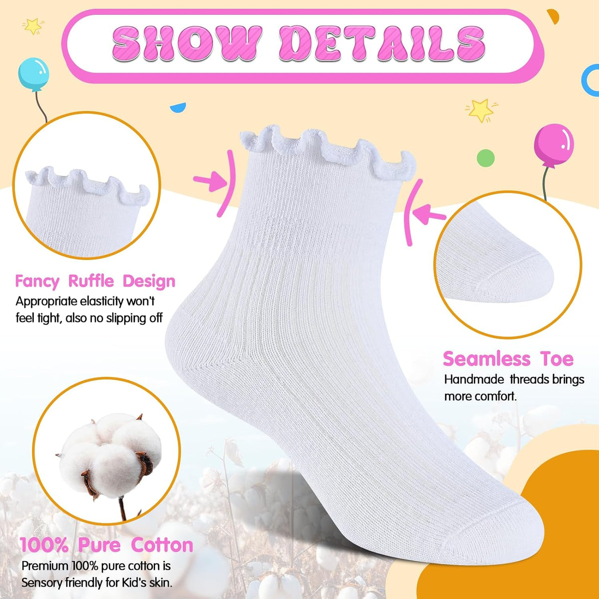 Age 3-10 Girls 100% Cotton Ruffle Socks, Cute Soft Breathable Frilly Dress Socks for Girls