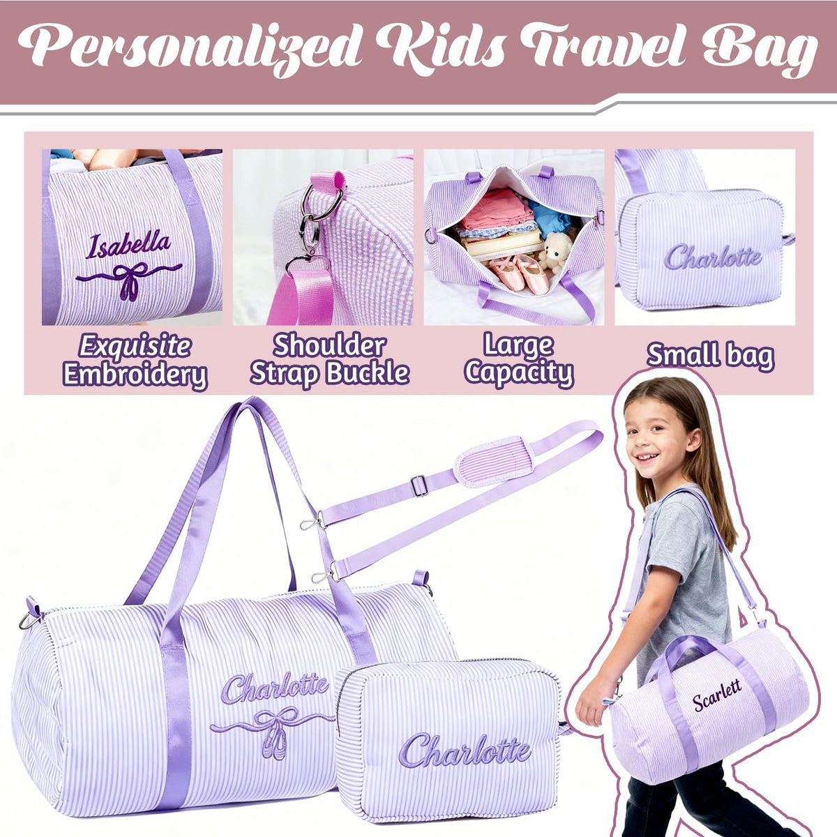Personalized Toddler Dance Bag with Name for Girls&Boys,Seersucker Embroidered Duffel Bag,18 Inch,Multi-Functional Travel & Dance Bag with Handles for Little Girls Ballet,Weekend Travel, Gym,Camping