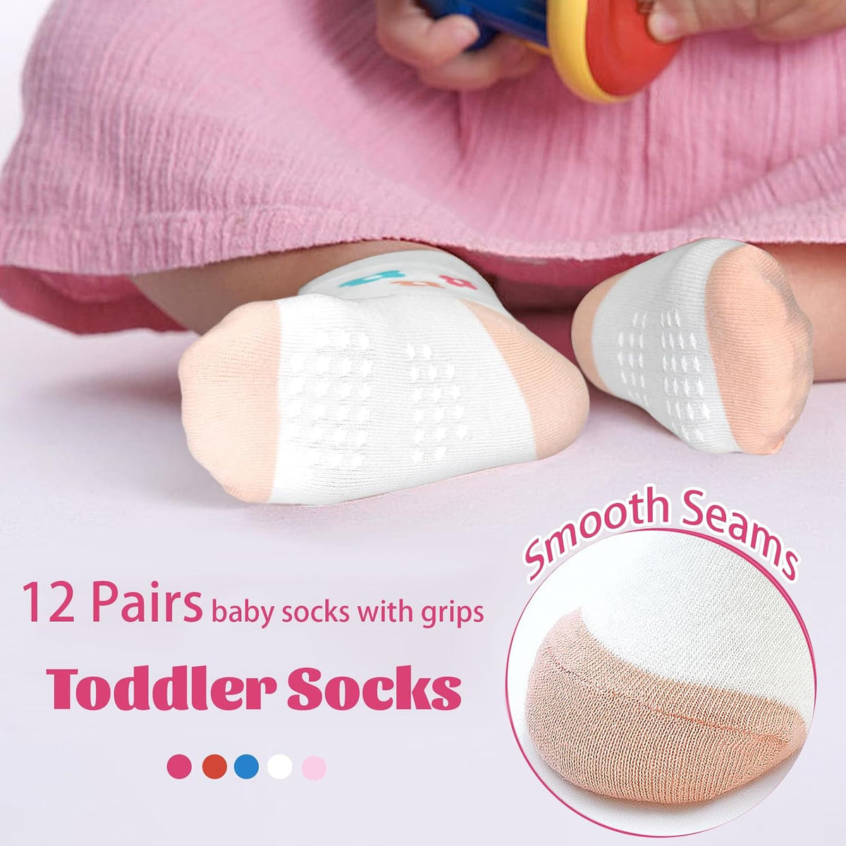 HYCLES 12 Pairs Toddler Socks, Non-Slip Cartoon Crew Grip Socks, 0-7 Years