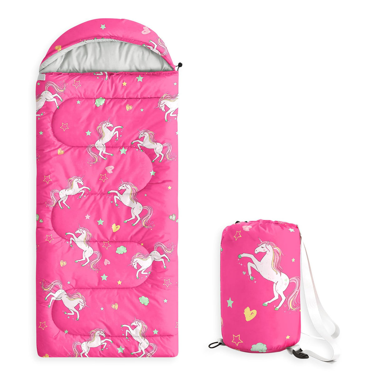 Wake In Cloud - Kids Sleeping Bag for Girls Toddlers, Camping in Warm Cold Weather, Backpacking Lightweight Compact Outdoor Liner for 3 Seasons, Unicorns Stars Hearts