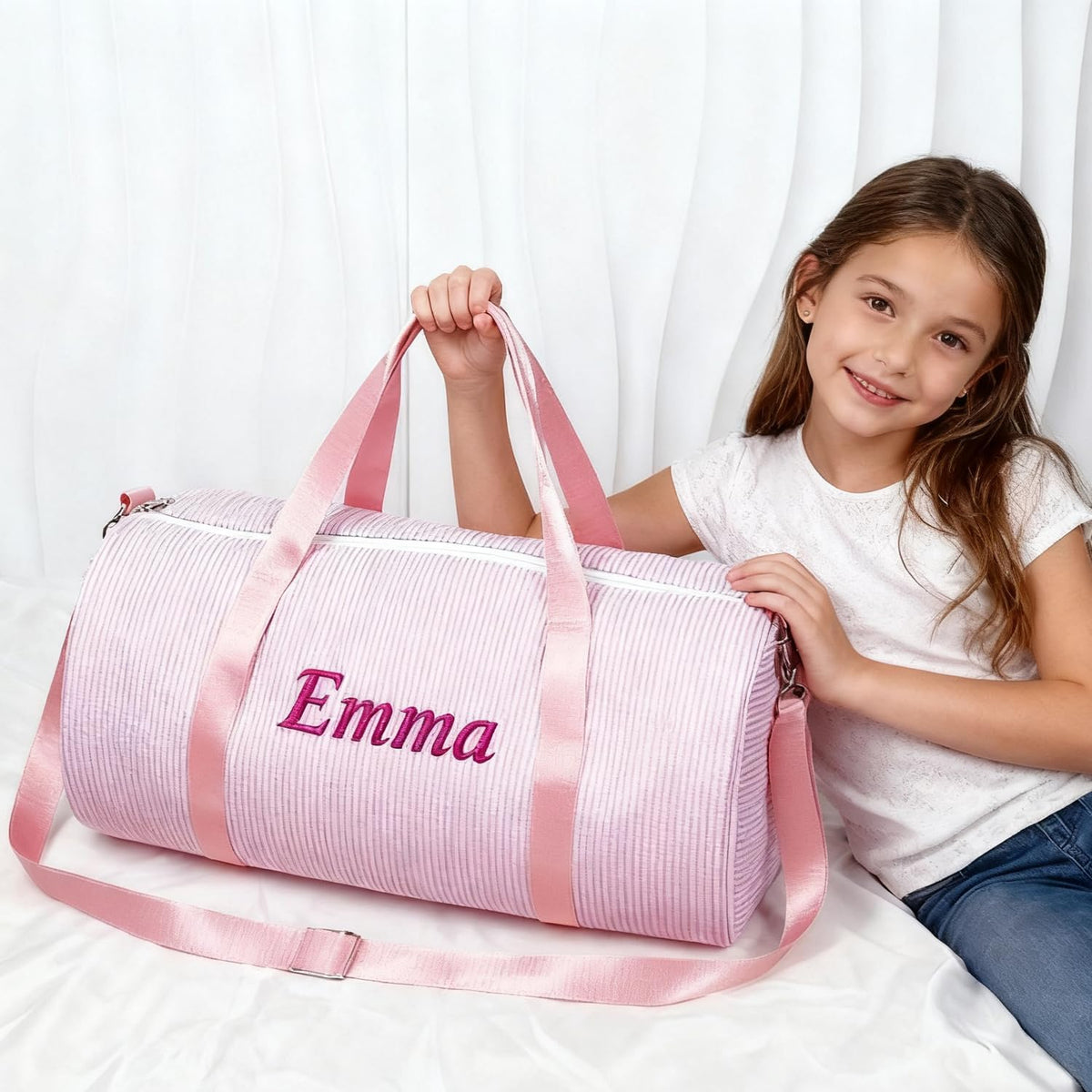 Personalized Toddler Dance Bag with Name for Girls&Boys,Seersucker Embroidered Duffel Bag,18 Inch,Multi-Functional Travel & Dance Bag with Handles for Little Girls Ballet,Weekend Travel, Gym,Camping