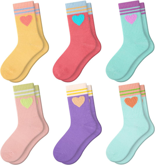 Comfoex Girls Socks Crew Cotton Casual Soft Athletic Socks For Kids 4-6 6-8 8-10 Years Old 6 Pairs