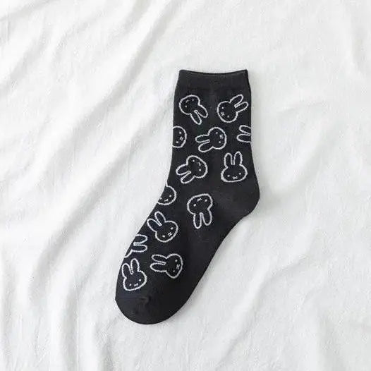 Cute Cartoon Calf-High Pure Cotton Socks for Girls, Kawaii Miffy Black and White Rabbit Design, Casual Versatile No-Slip Home Use Socks