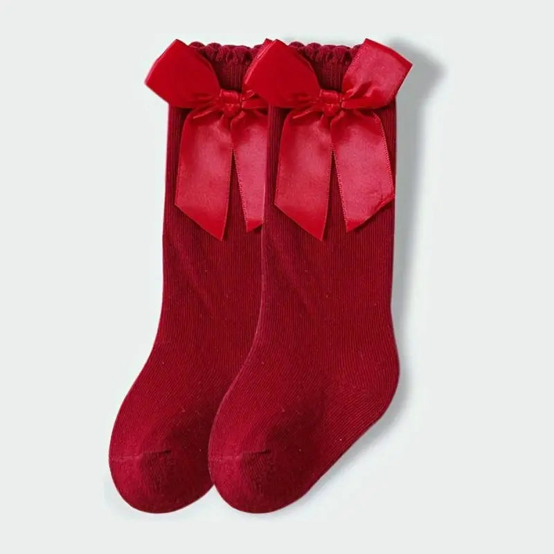 Girls' Solid Color Cotton Mid-Length Sock Pair with Bow Detail - Spanish-Style Princess Kids' Party & Casual Wear, S(0-1Y), M(1-3Y), L(3-5Y), Hand Wash Only, Wine Red