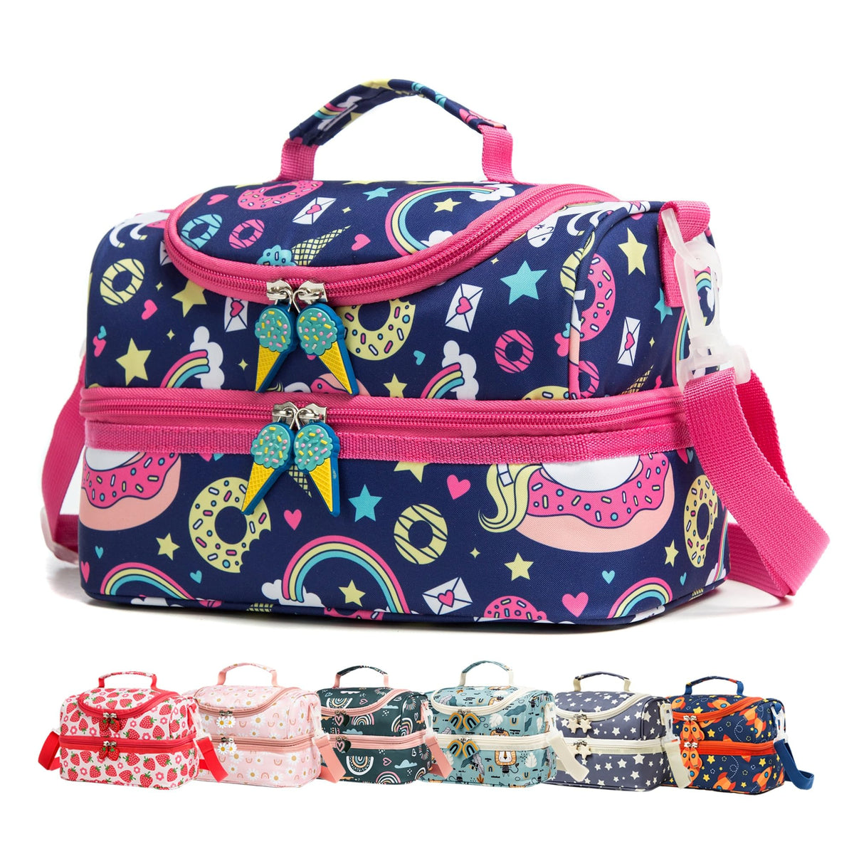 Insulated Kids Dual Compartment Lunch Bags Tote for Girls Boys Toddler Lunch Boxes Pre-School Toddler Kindergarten Elementary Picnic Food Cooler Thermal with Strap (Rainbow Daisies)