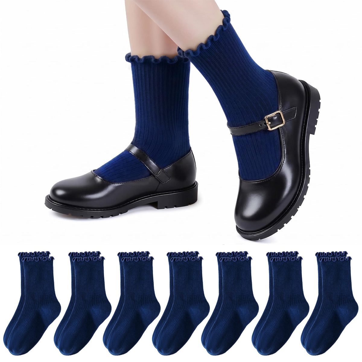 HONGTEYA 6 Pairs Cotton Girls Socks Ruffle Kids Crew Ankle School Uniform