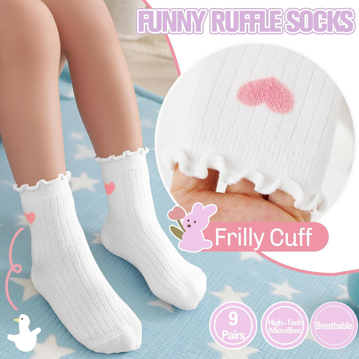 Baby Girls Toddlers Ruffle Grip Socks for Kids Non Slip Anti Skid Frilly Cute Funny Cotton Crew Socks 9 Pairs